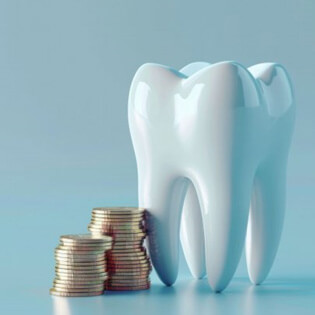 a tooth next to a stack of coins