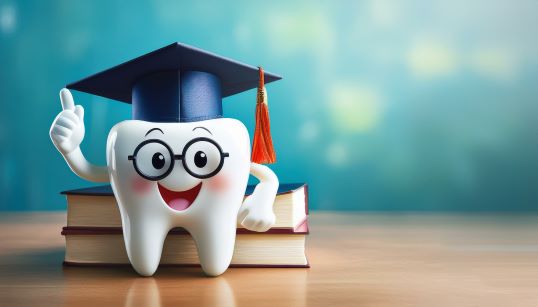 A tooth wearing a graduation cap.